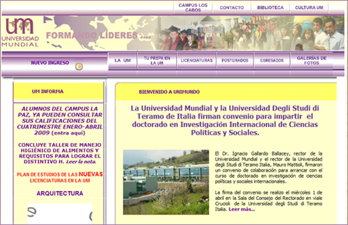 Nella foto la notizia della convenzione presente sul sito web dell'Universidad Mundial di La Paz