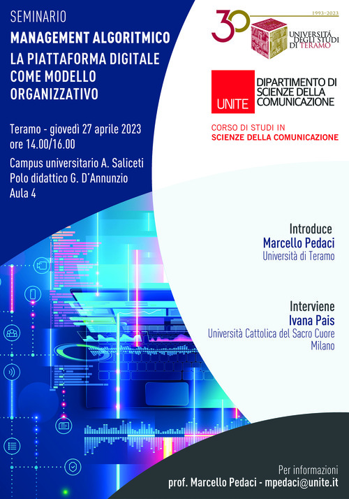 Dipartimento di Scienze della comunicazione: seminario "Management algoritmico. La piattaforma digitale come modello organizzativo