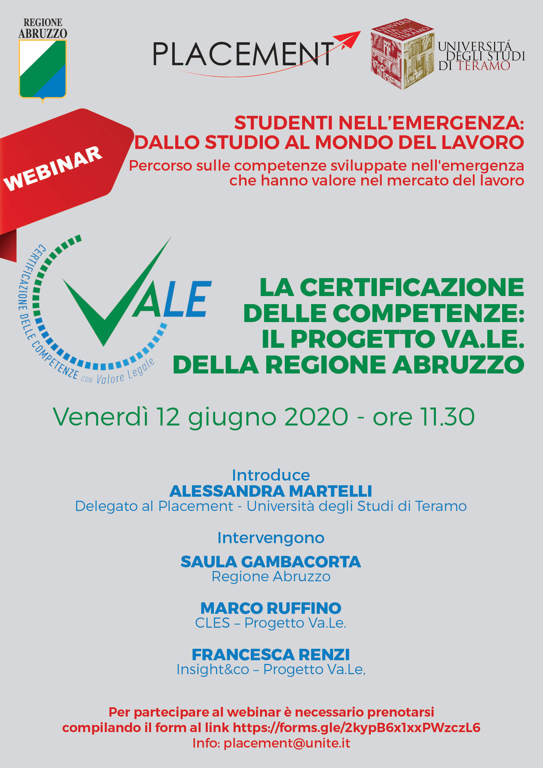 Webinar Placement: "La certificazione delle competenze: il progetto Va.le. della Regione Abruzzo"