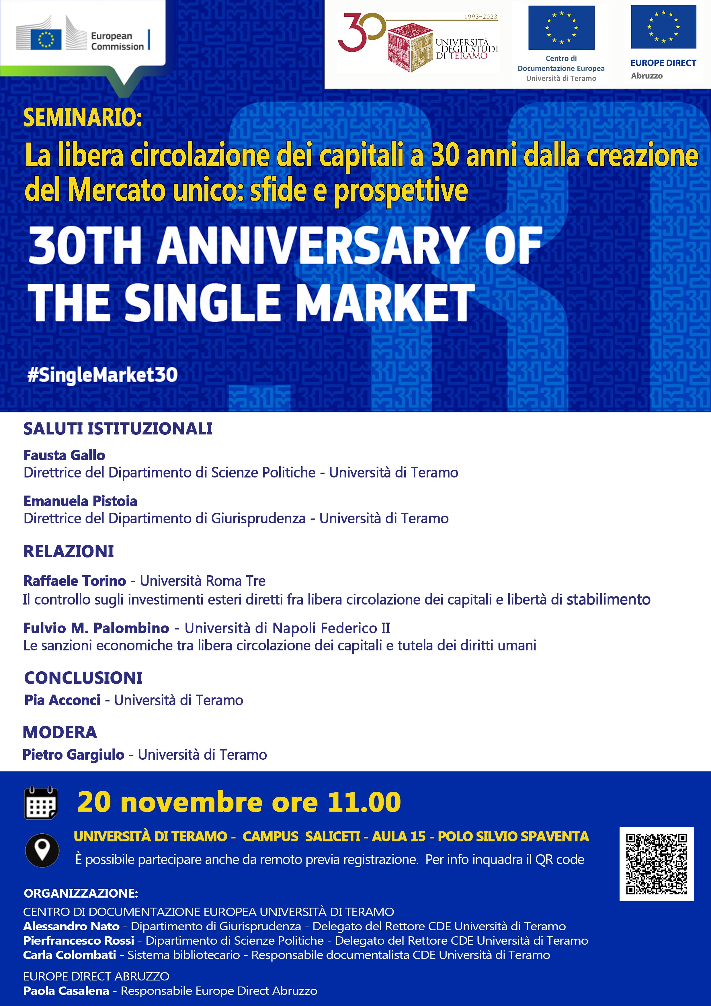 Seminario "La libera circolazione dei capitali a 30 anni dalla creazione del Mercato unico" 