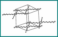 Figura 3: determinazione strutturale ai raggi X di composti modello di polimeri polimetalloacetilenici: ORTEP della cella elementare in cui si evidenzia l'organizzazione supramolecolare dovuta sia alla struttura a bacchetta rigida ("rod like"), che ai sos
